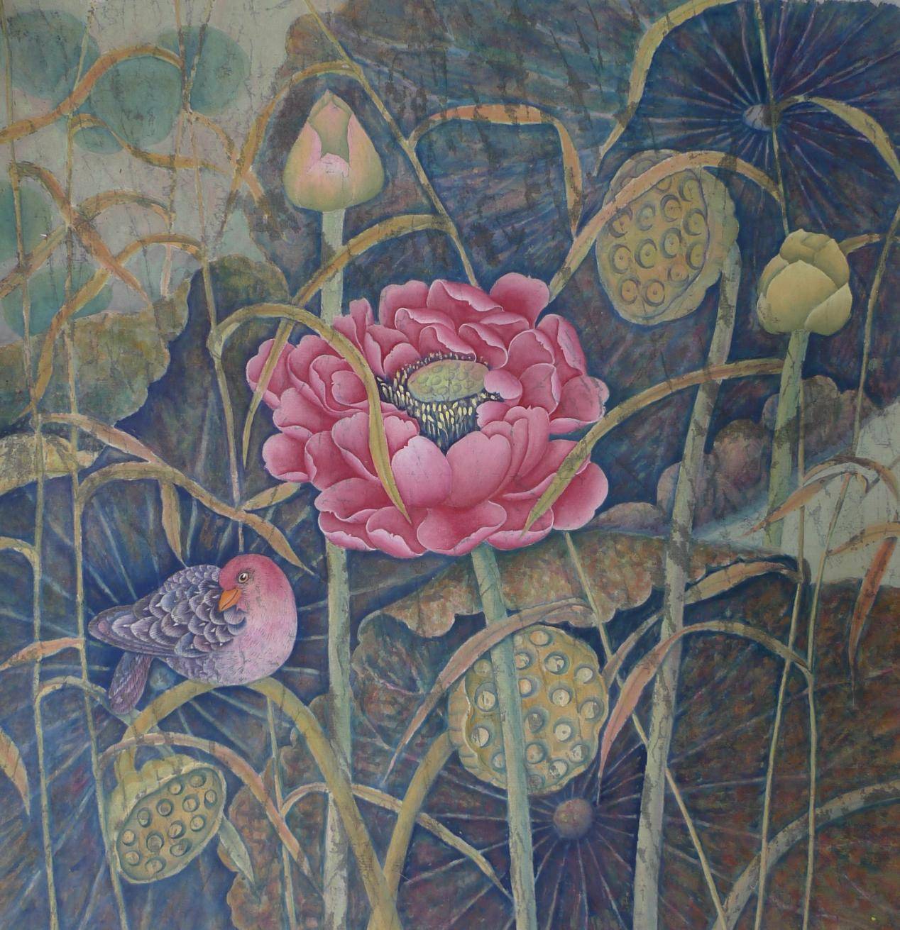 《红荷醉秋色》 60cm *60cm  重彩画 高丽纸 水粉画颜料这幅《红荷醉