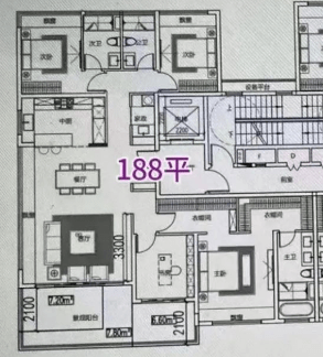 5开间南向188㎡户型,它南向开间仅14.4米,进深16.