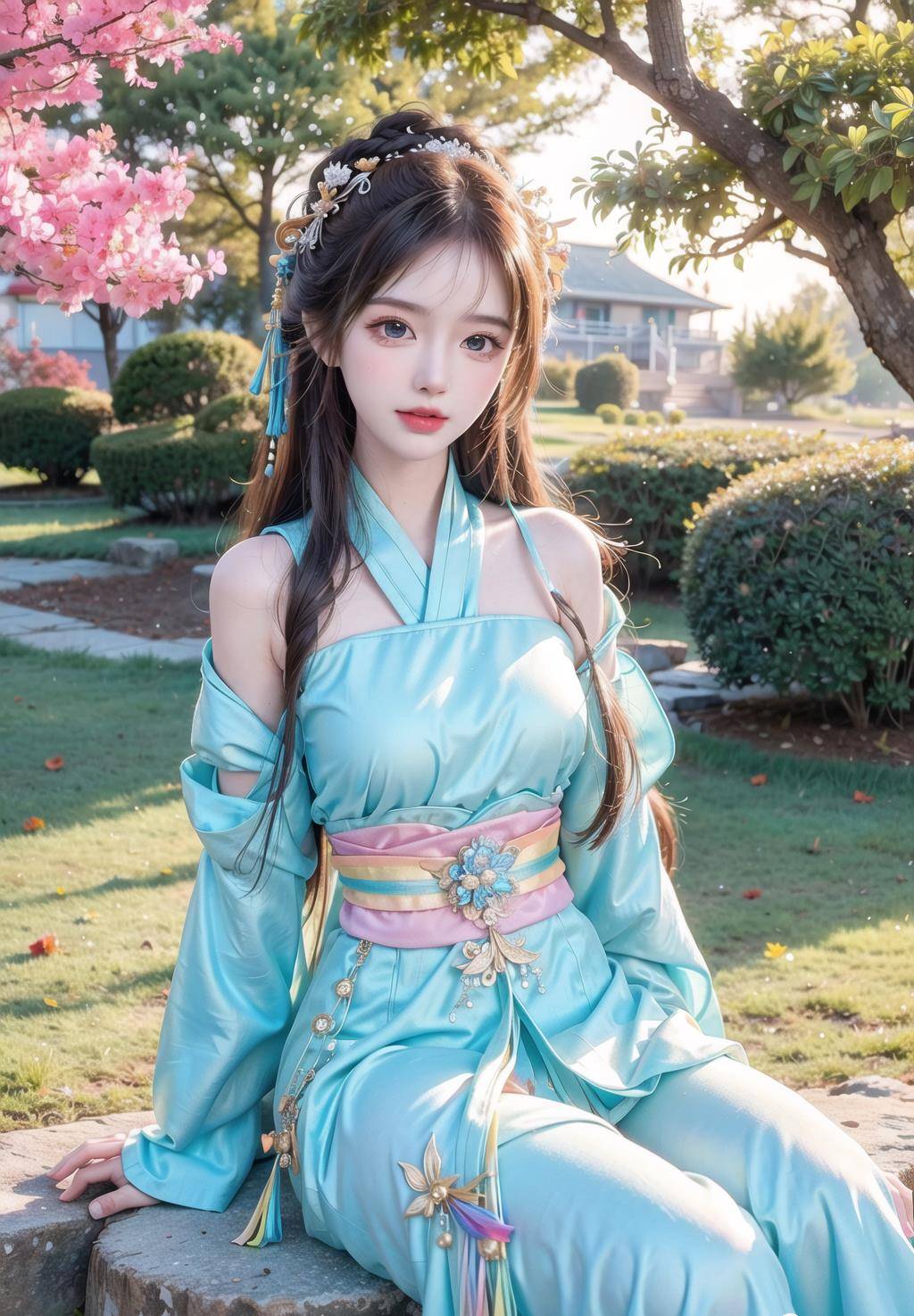 ai绘画-古装美女优雅坐姿_大自然_阳光_瀑布