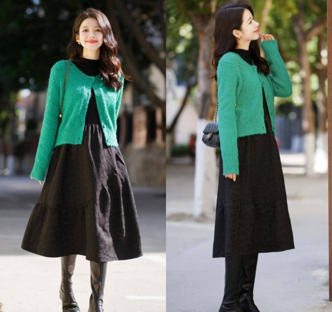 look1 绿色开衫 黑色毛衣2.