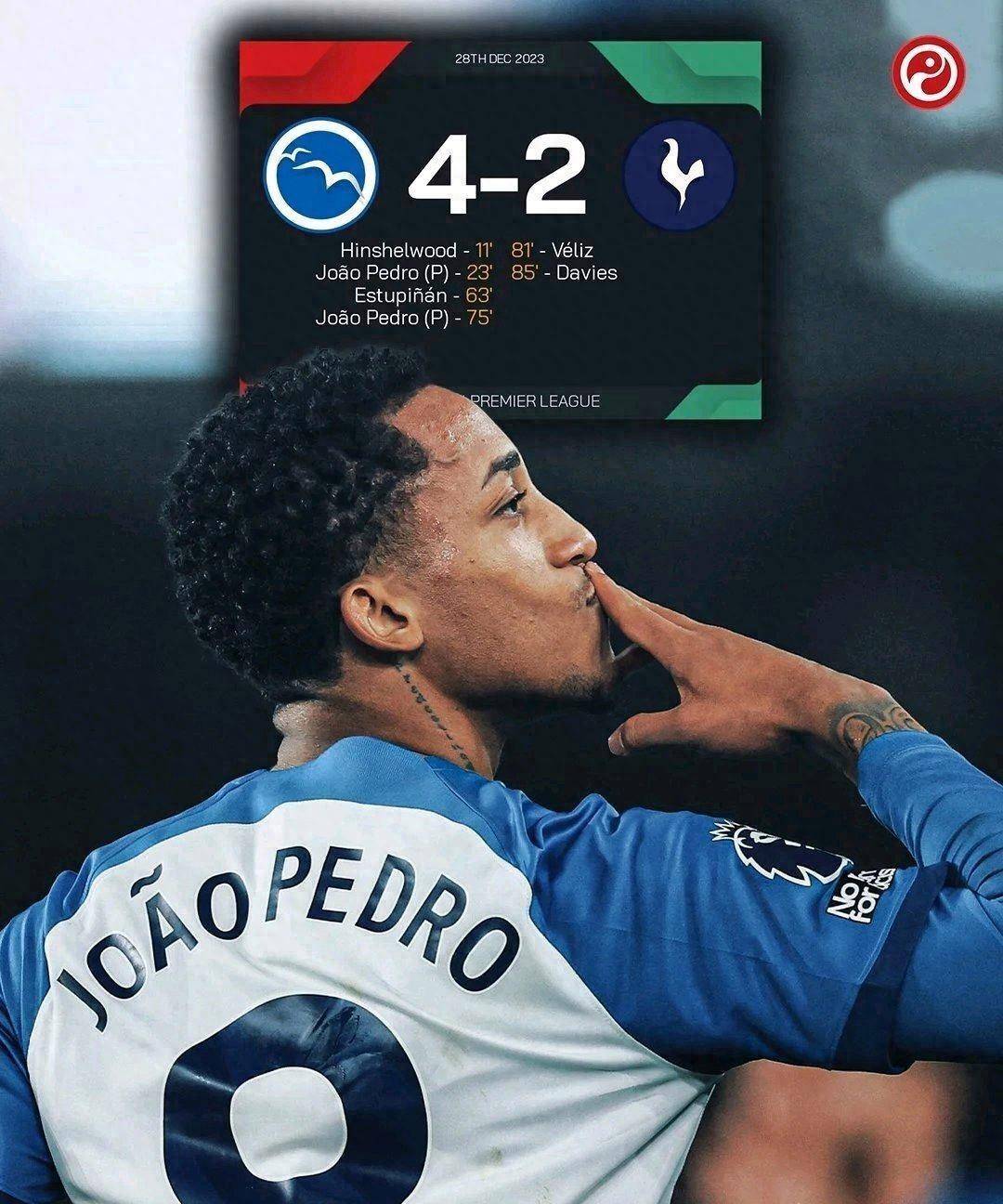 热刺客场2-4不敌热刺,孙兴慜贡献1助攻,若奥-佩德罗点球双响!