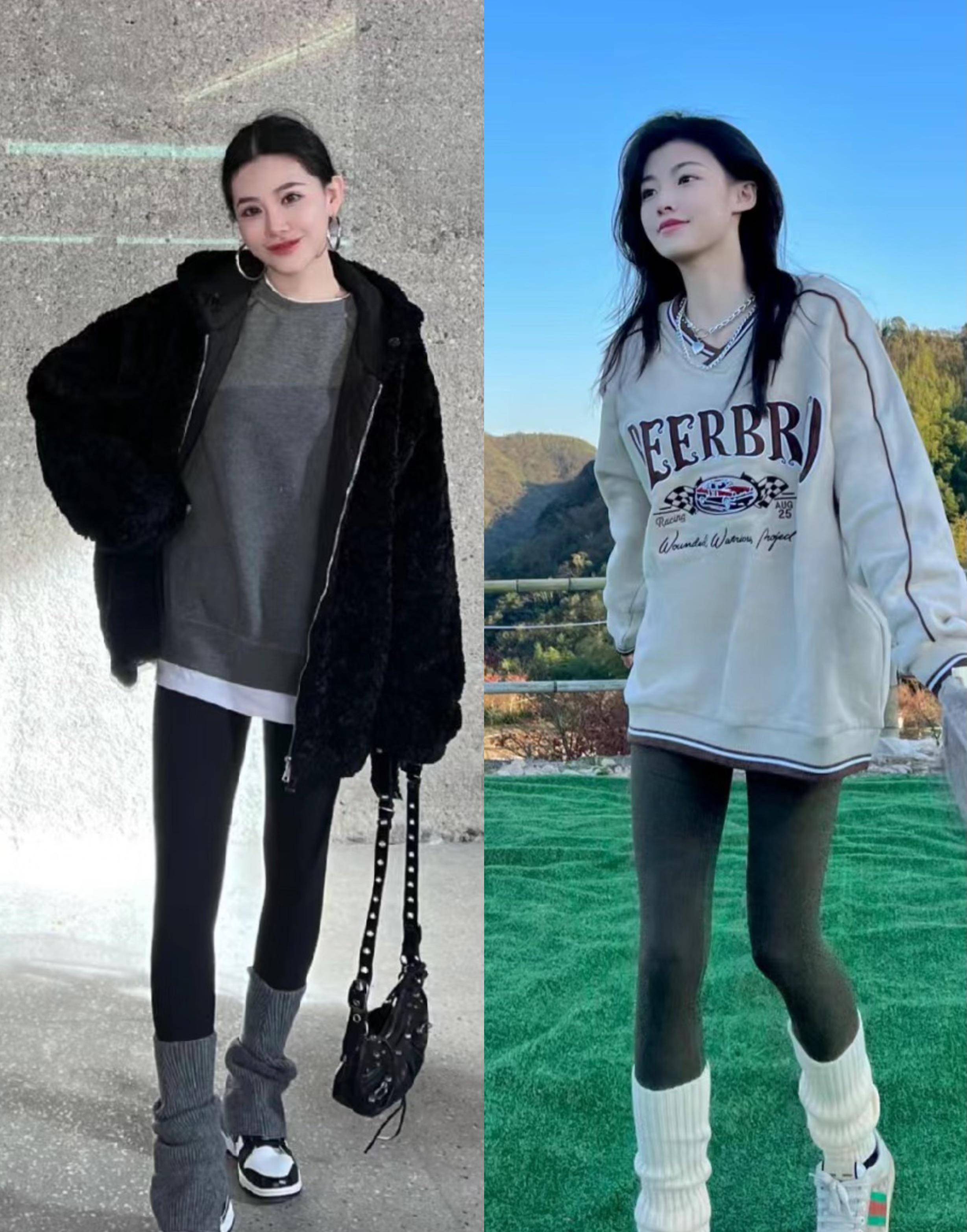 3.中长卫衣 鲨鱼裤 袜子不得不说鲨鱼裤 袜子的组合太时尚了.