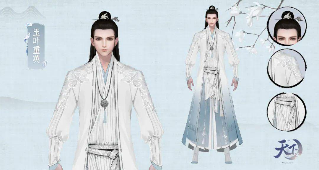 男装玉叶重英也十分惊艳一身青白渐变的交领袍外罩收口窄袖长衫肩膀处