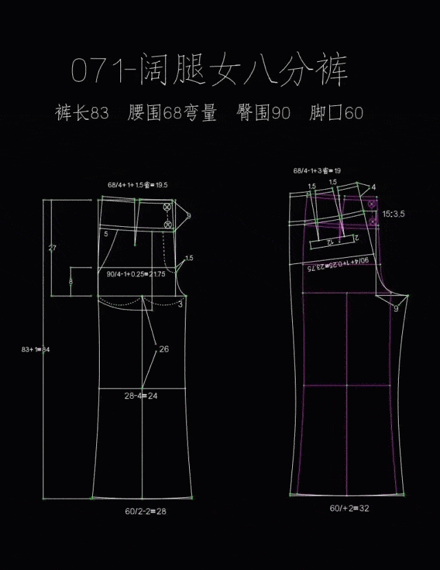 女士阔腿八分裤的制版图分享