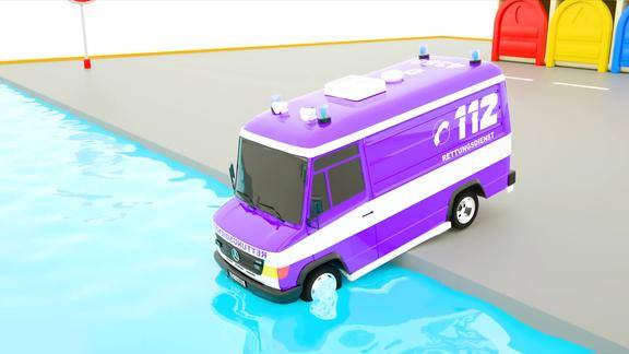 紫色救护车玩具困在水渠之中