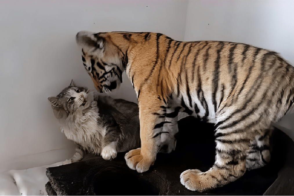 猫咪捕食老虎得意地叼着老虎游街老虎给点面子