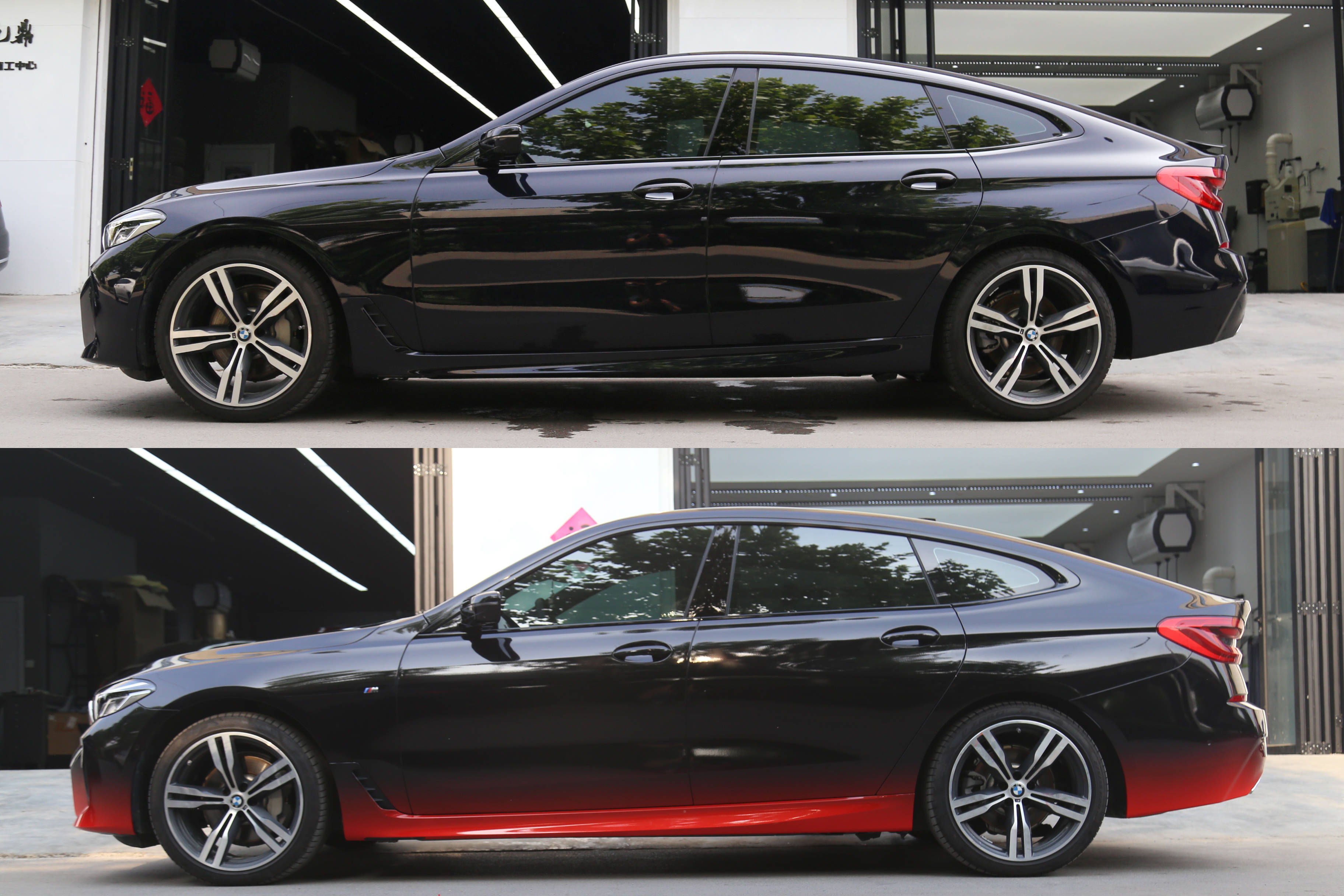 惬意随心宝马6系gt全车装贴xpel隐形车衣上黑下红渐变改色膜