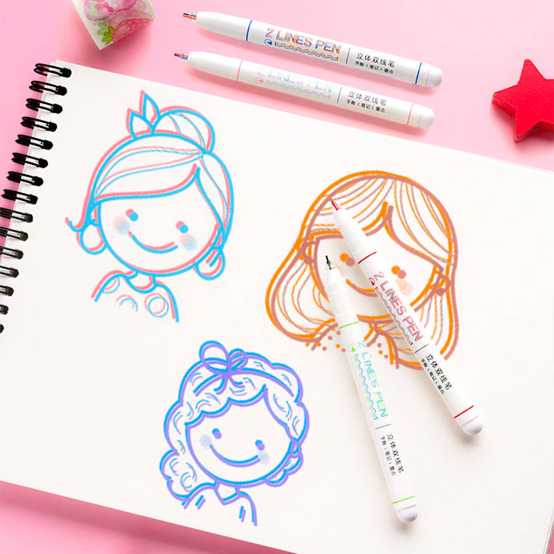 1/ 12 立体双线笔手帐笔 梦幻diy学生双色轮廓划重点荧光记号
