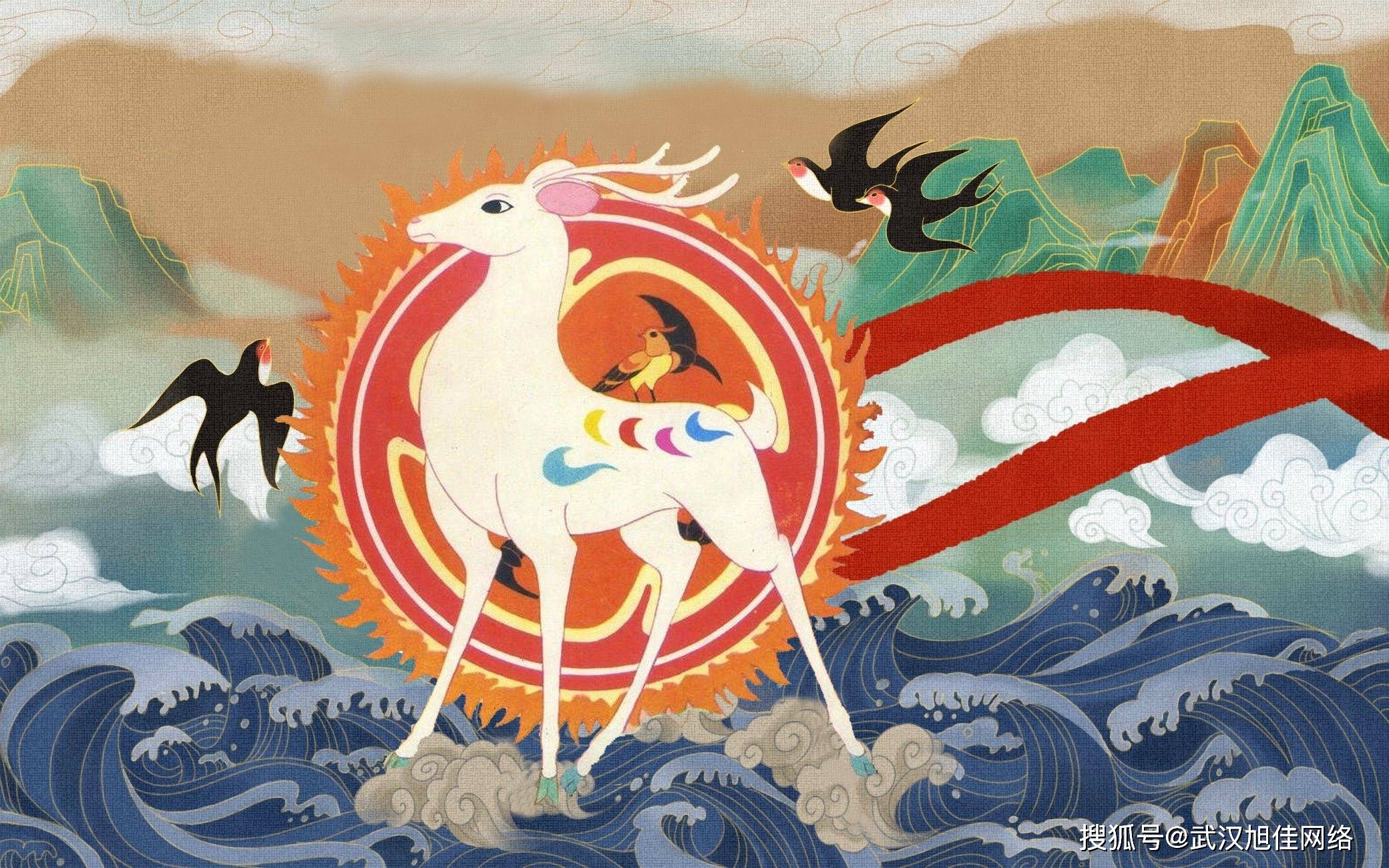 《鹿王本生》故事改编,采用敦煌壁画的绘画风格,从人物形象和配色上都