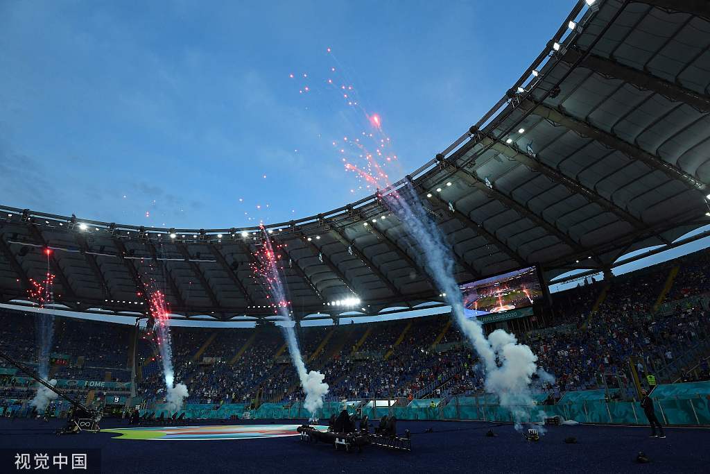 高清图2020欧洲杯开幕式24强巨型足球高空飘扬