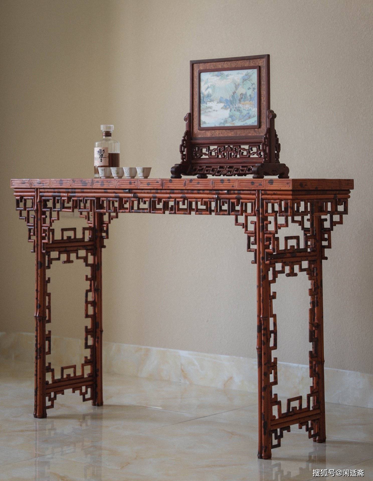 拙朴及雅致,湘妃竹攒接回纹,文房平头案_家具