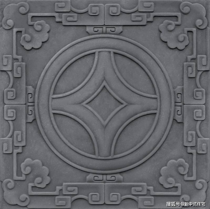 唐语中式仿古资材房产专供：复古中国风文化砖带有铜钱图案的古砖地雕