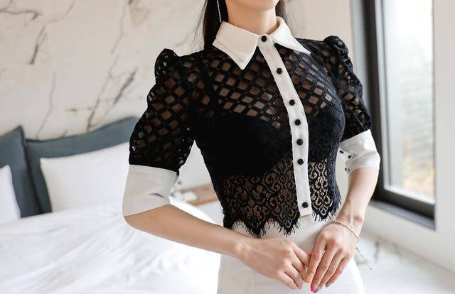 蝴蝶|孙允珠韩版黑蝴蝶网格透丽衬衫配搭白色端庄高腰鱼尾裙网拍