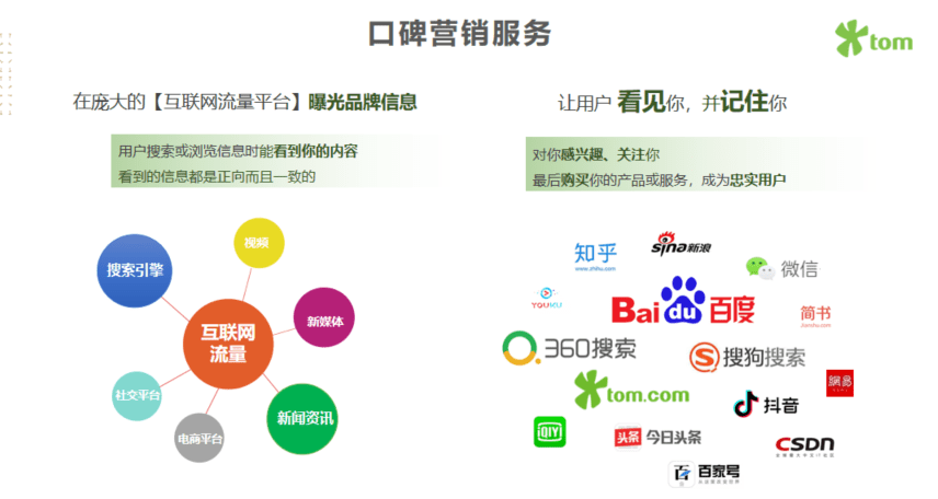 tom网络营销团队建议采用口碑营销策略，做品牌推广和搜索引擎优化。随着内容开发平台、短视频平台的发展