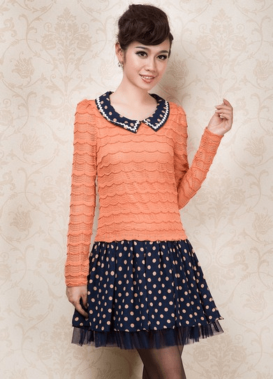 己方 粉橘色和藏蓝色的拼接，有波点才更显灵巧