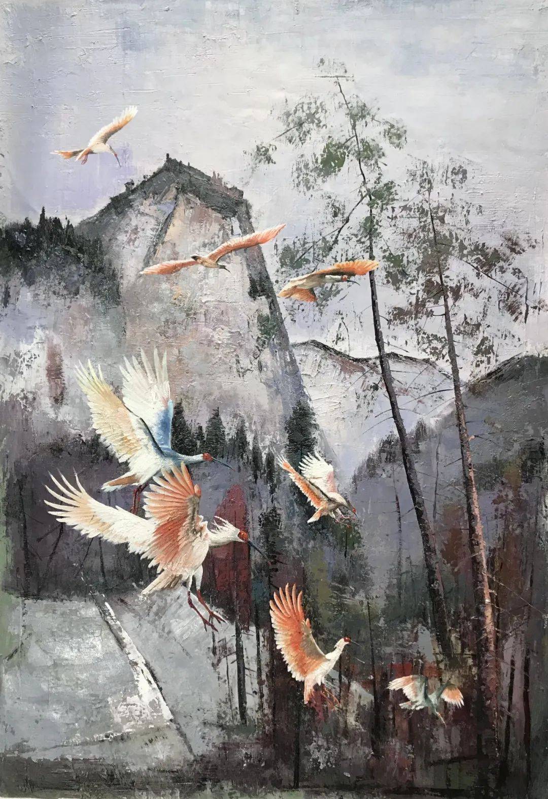 晏子油画家创作作 品 欣 赏雪鹮系之十二——飞过寒冬 布面油画 150x