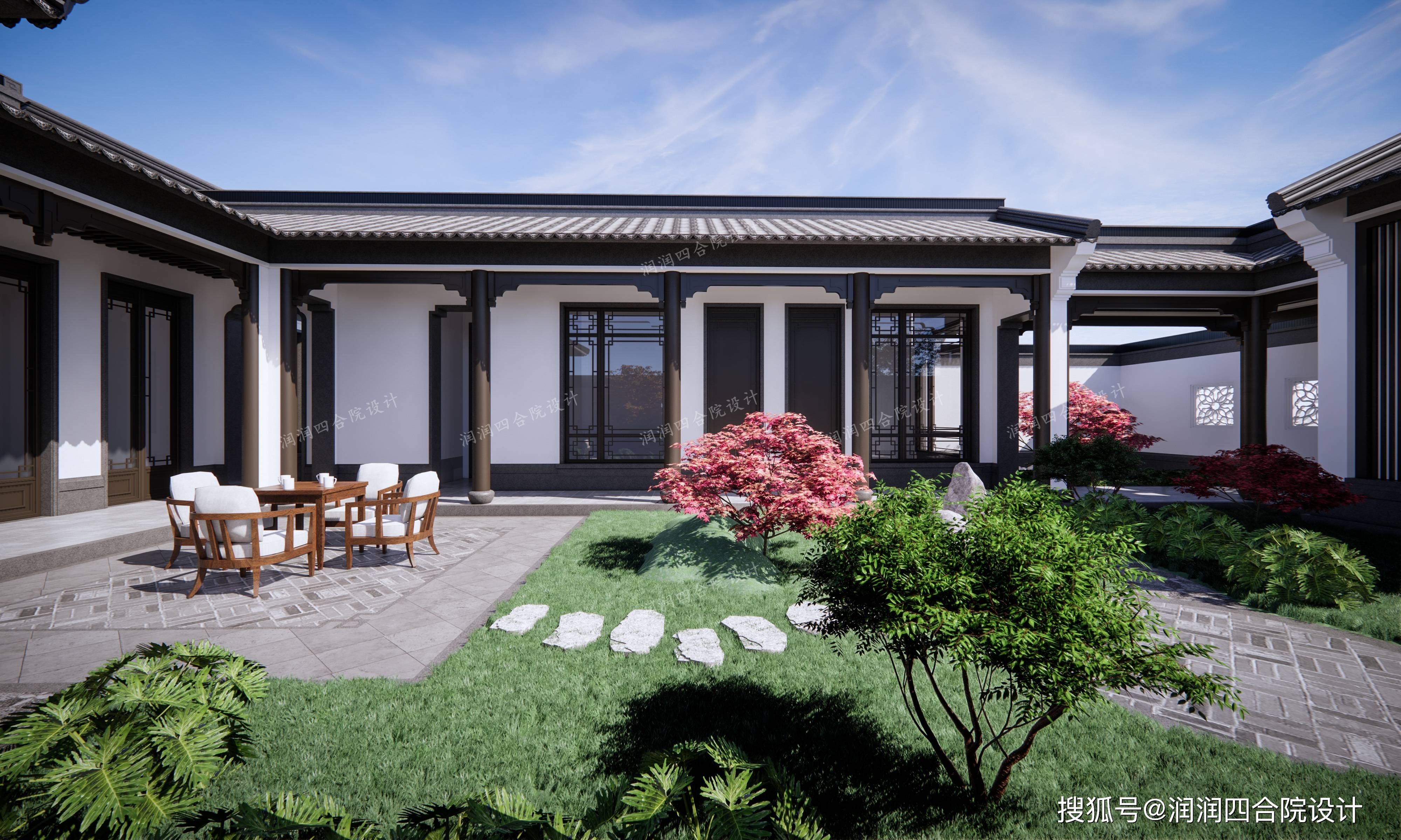 陕西一层新中式别墅275平米4个中式景观庭院润润四合院设计刘鹰