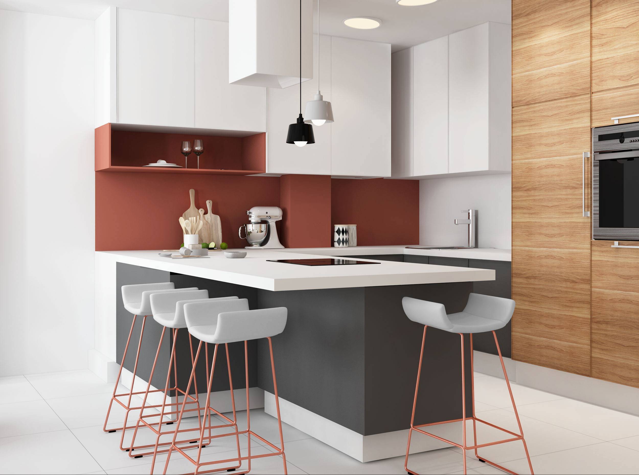 方案二:餐厨一体化如果厨房受限制可以选择l型厨房和二字厨房:太狭长