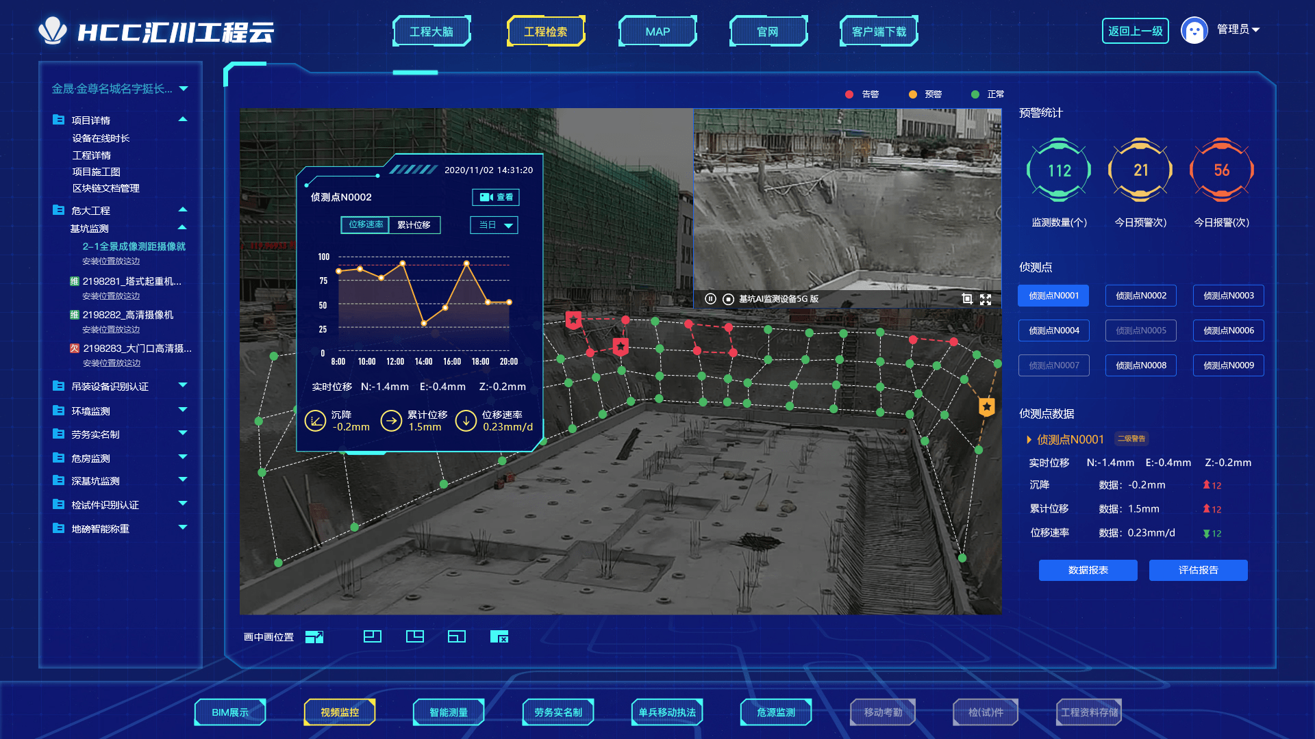 基坑多点面实时,全程监测,通过采集的点,面连续可视化数据,可智能分析