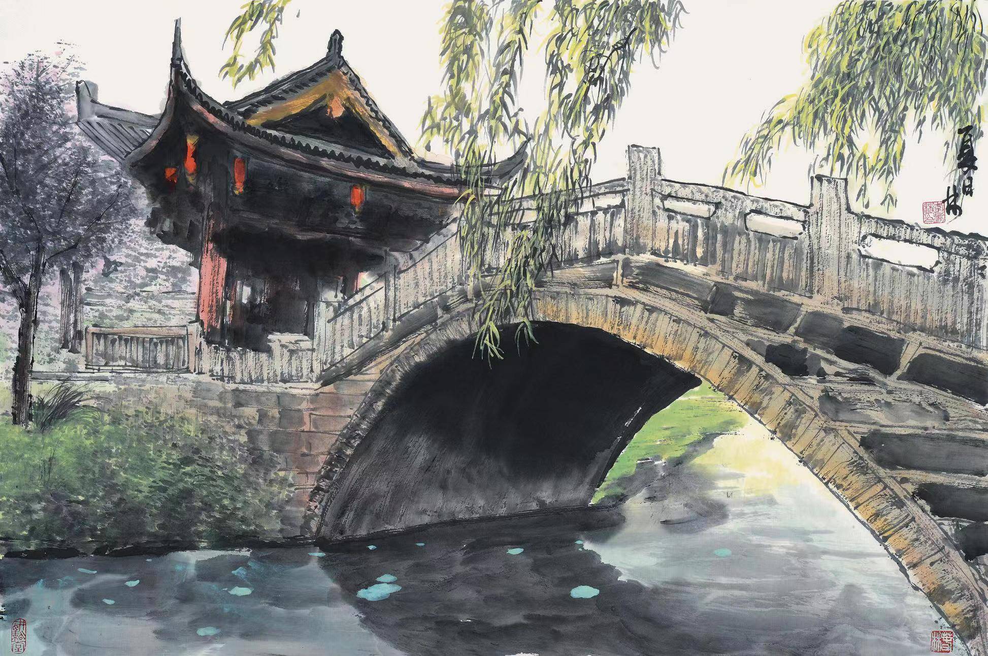 斑驳的墙面倒映在水中,以淡赭,花青为主渲染而成的山水画,仿若进入老