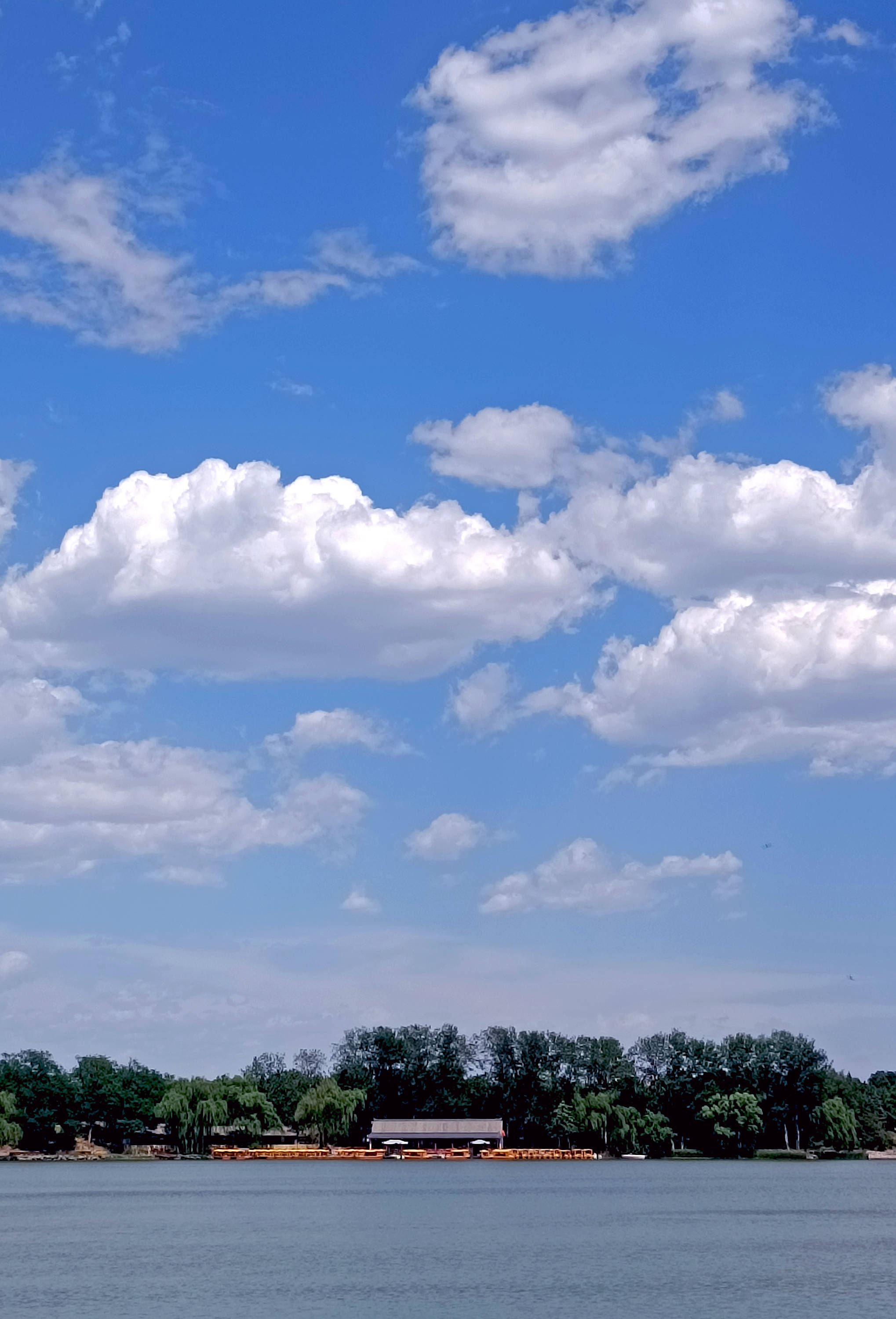 碧空万里云飘荡风吹平湖起波澜