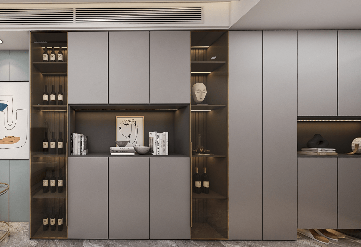 柜门是骑士灰色,开放式餐边柜内置灯带,柜体选用兔宝宝卡其拉丝色