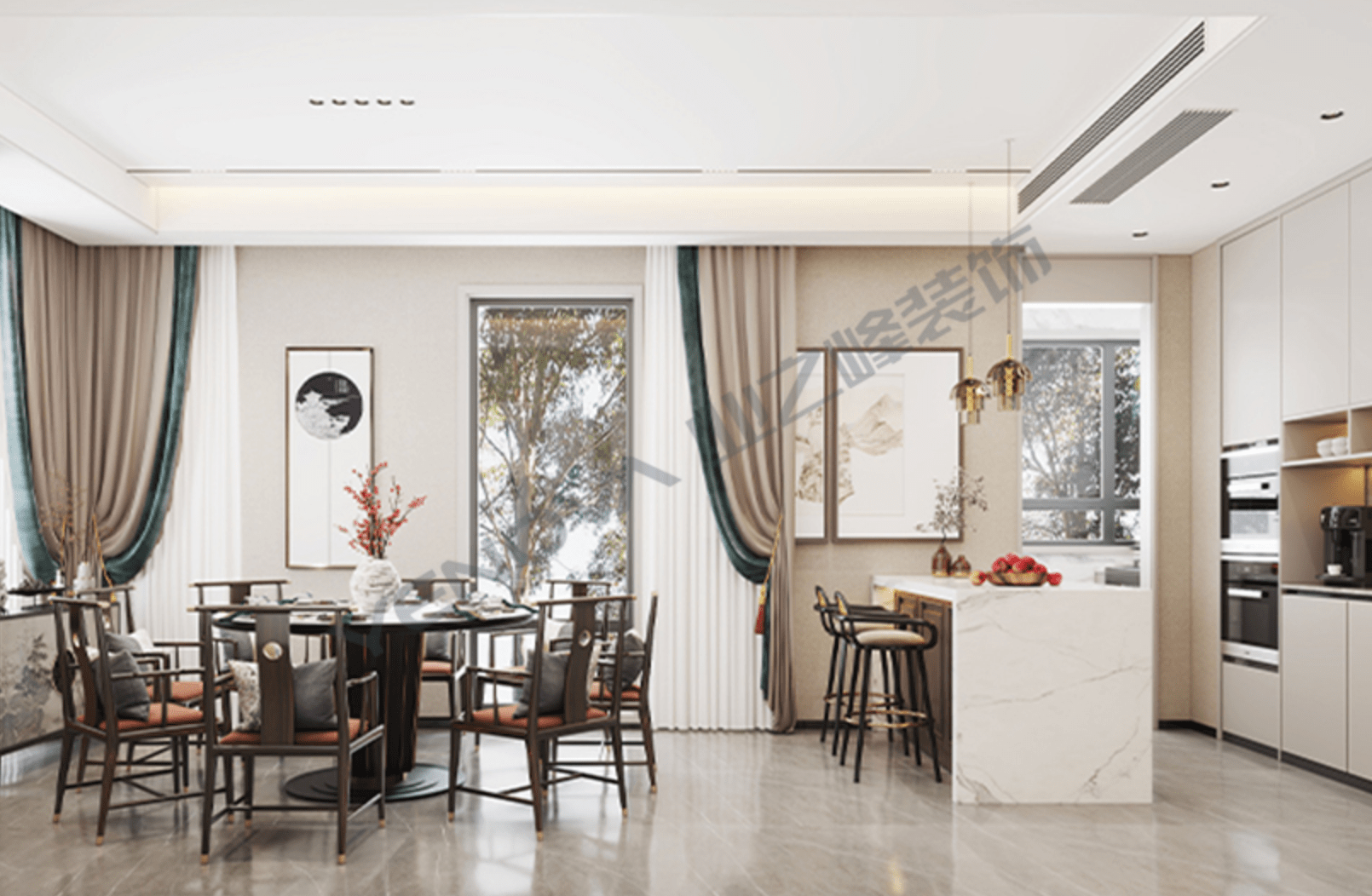 唐山禹洲凤凰府206平米新中式装修风格效果案例|业之峰装饰_客厅_餐厅