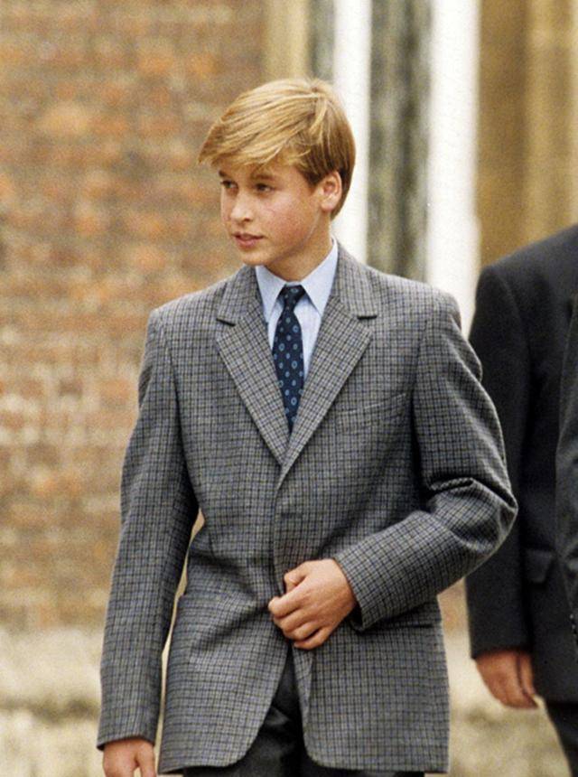 威廉王子穿着灰格子西装外套,打着领带,金发斜分,万人迷王子无争议,也