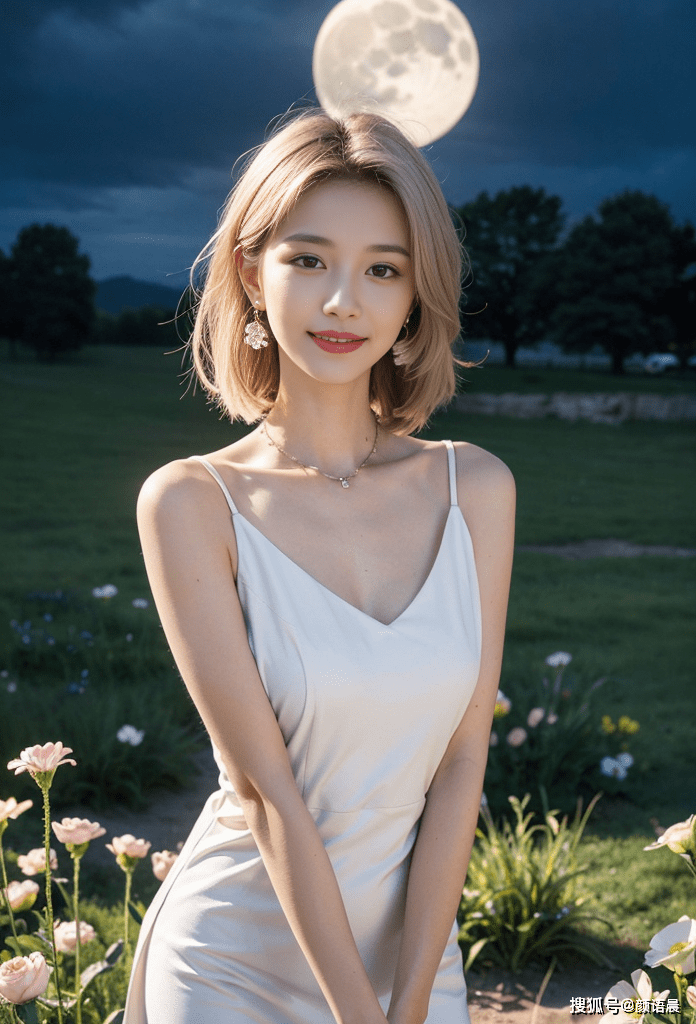 高清美女壁纸,夜晚月色花丛中的白色吊带裙小姐姐