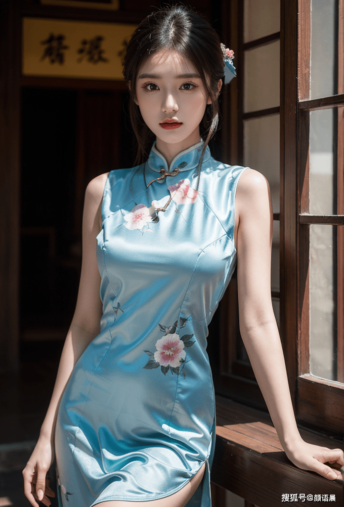 高清美女壁纸:青蓝丝绸印花旗袍美人的完美身材与优雅气质