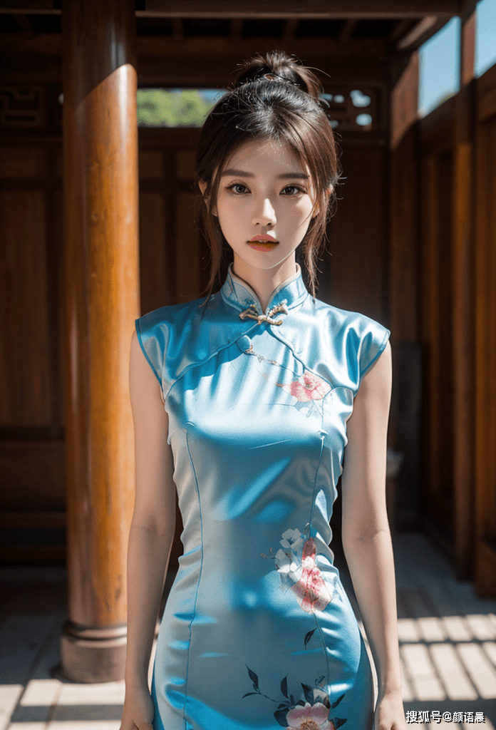 高清美女壁纸:青蓝丝绸印花旗袍美人的完美身材与优雅气质_魅力_小姐