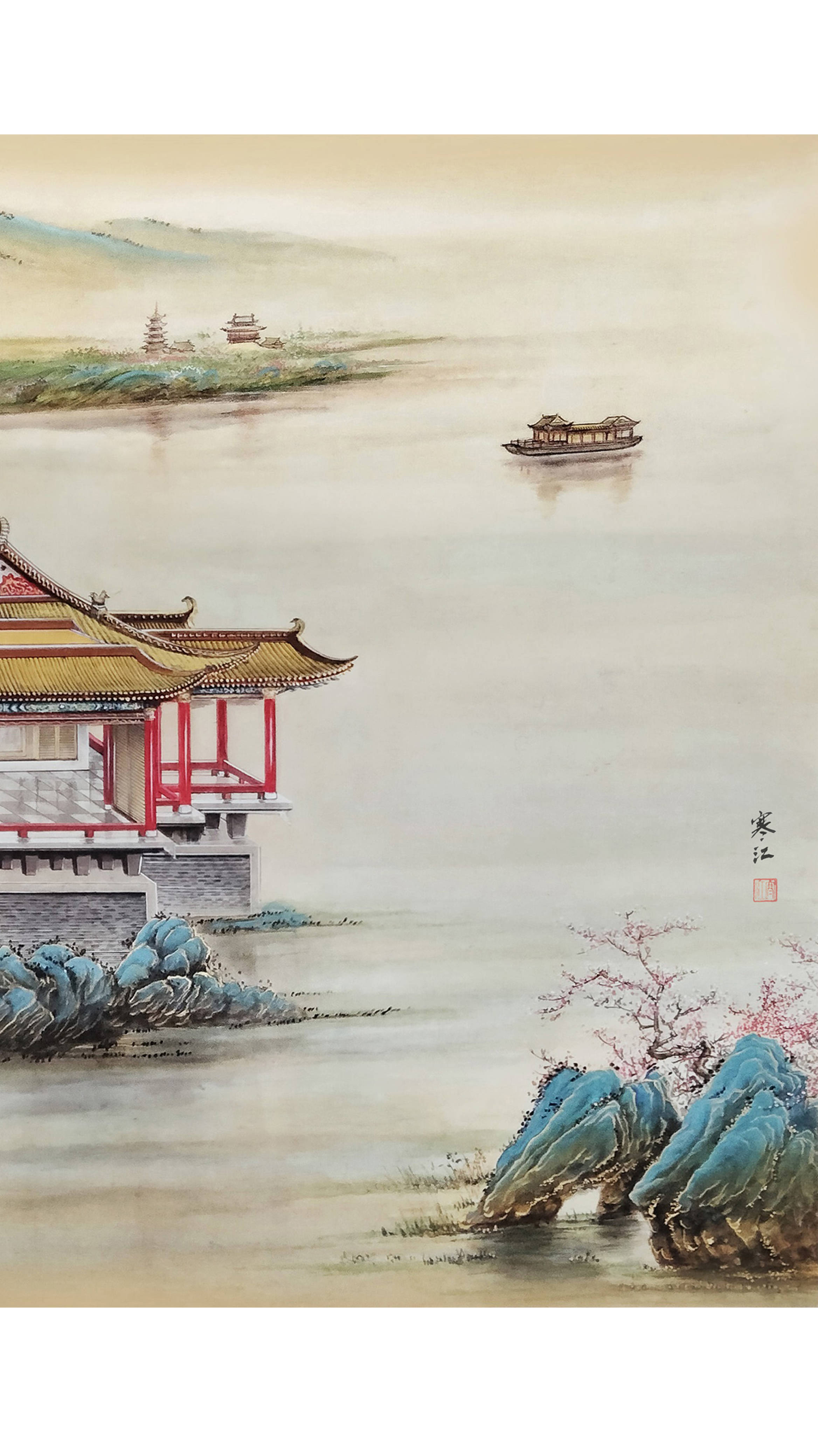 界画寒江---工笔界画《柳舞芰荷香》_浮空_局部_倒影