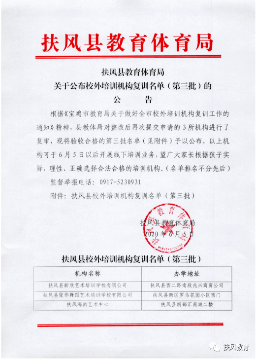 扶风县教育体育局关于公布校外培训机构复训名单(第三批)的公告