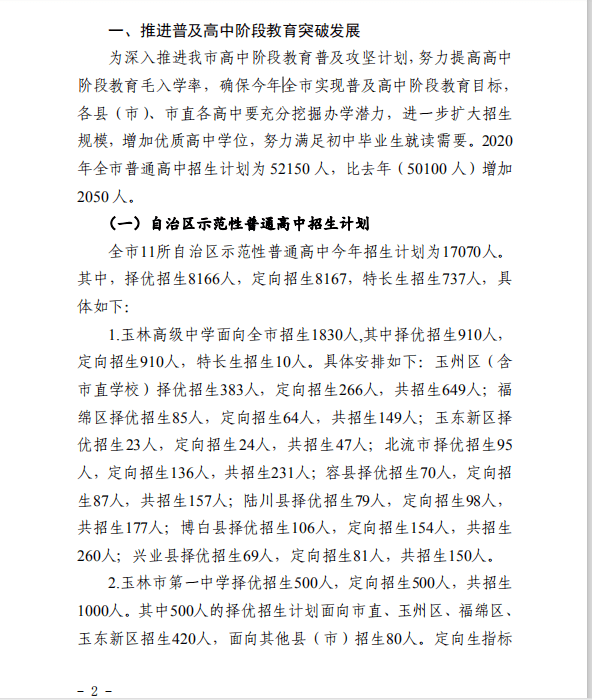 玉林市2020年普通高中招生计划公布,博白共招收(附招生计划表)