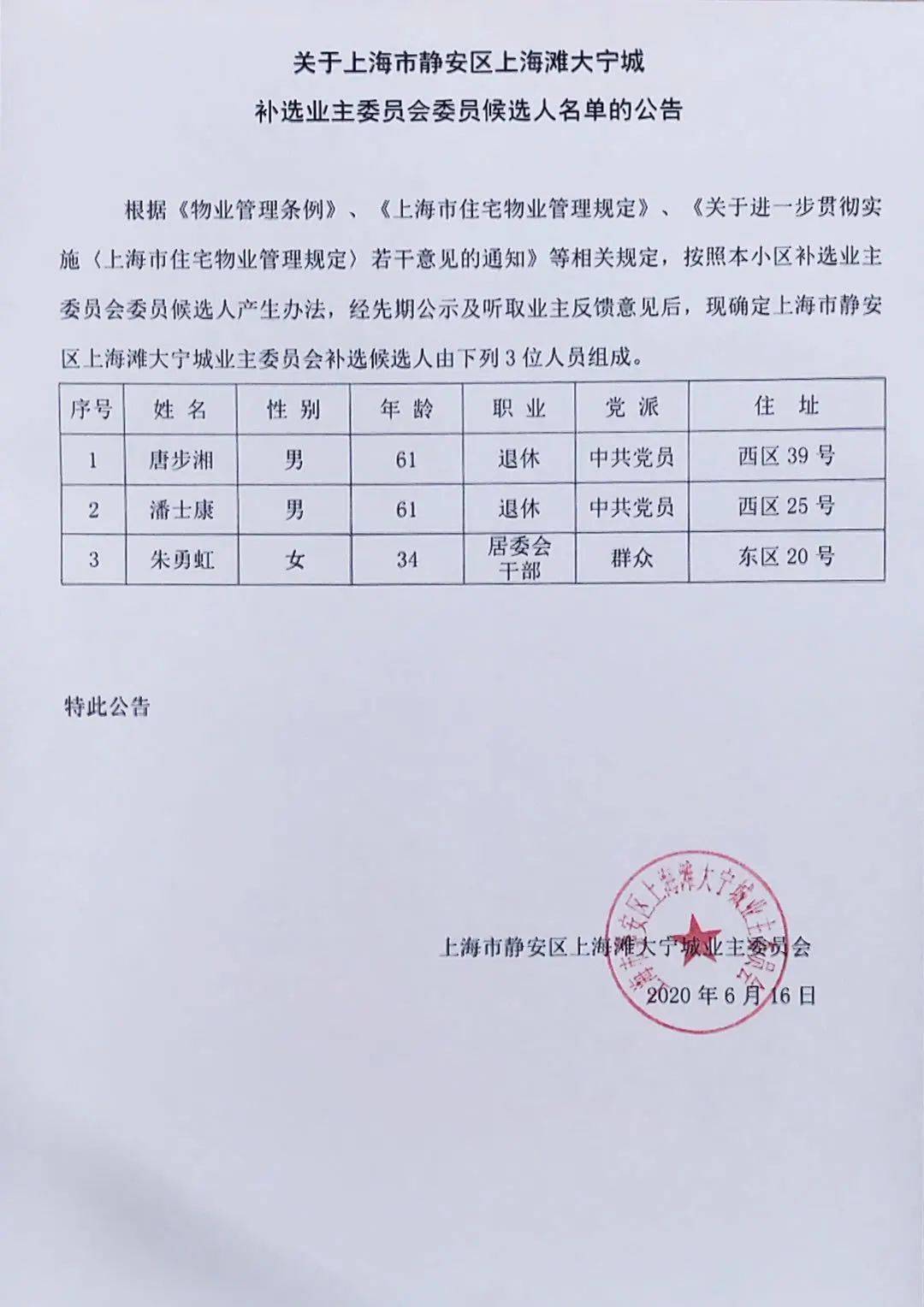 关于上海市静安区上海滩大宁城补选业主委员会候选人名单的公告