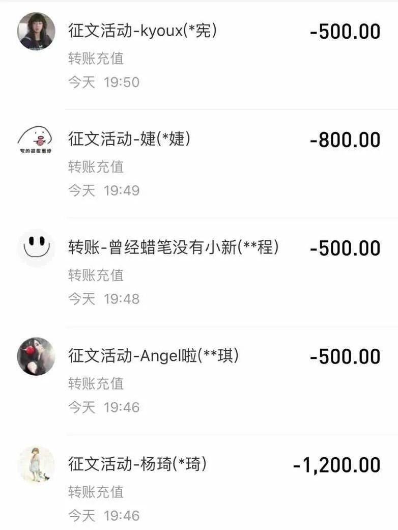 征文活动20名获奖转账截图 获得奖励的同学 已经收到奖励金 第三届