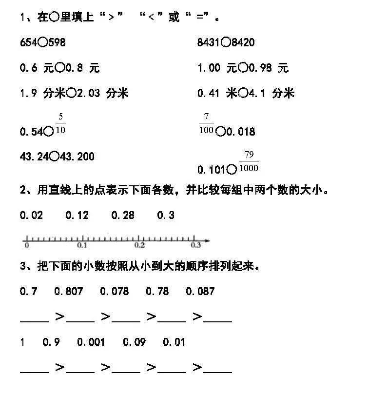 常见的比较大小口诀及方法专项训练丨给孩子打印出来练一练