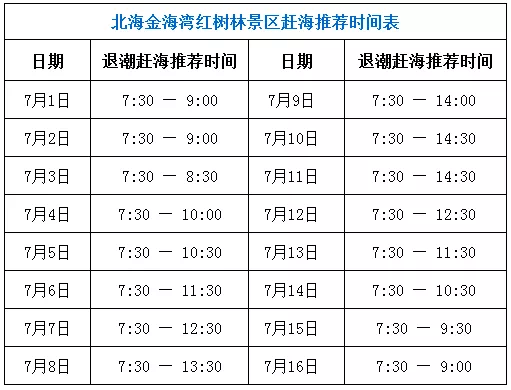 北海红树林潮汐时刻表图片