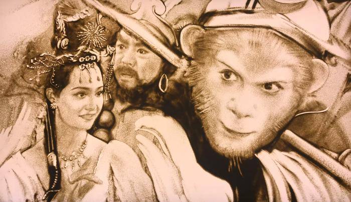 沙画再现老版《西游记》中的人物.受访者供图