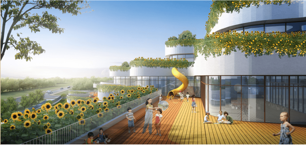 利用建筑退台营造屋顶绿化,为幼儿提供丰富多彩的活动和游戏场地,增加