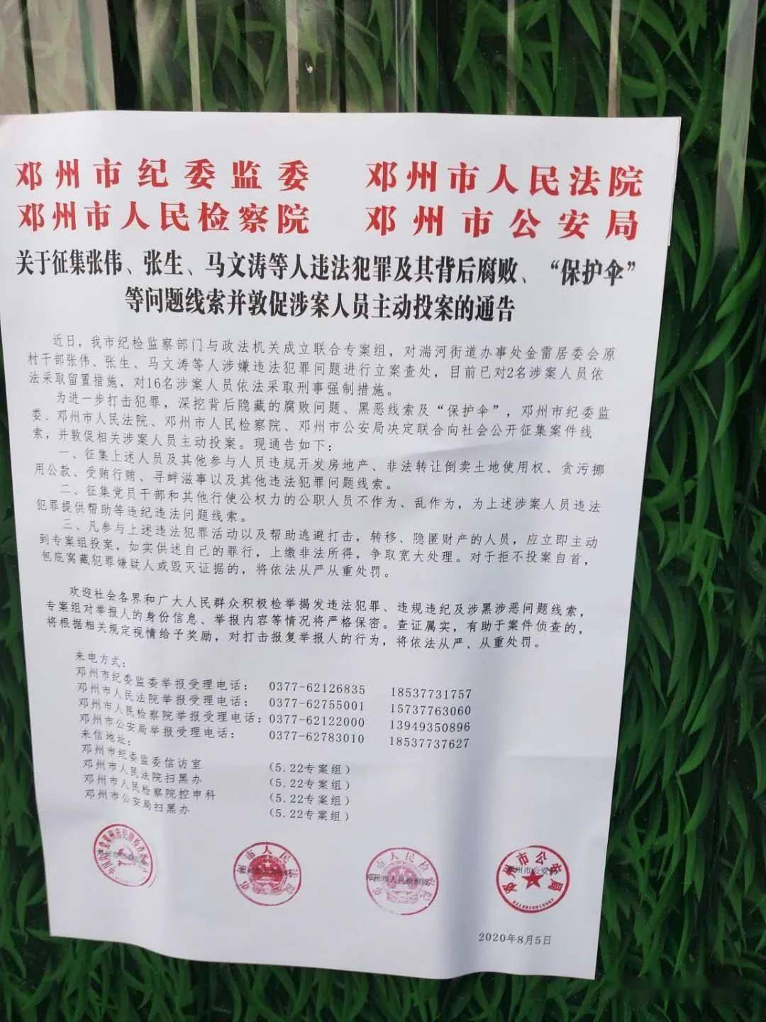 關於徵集鄧州張偉,張生,馬文濤等人違法犯罪及其背後