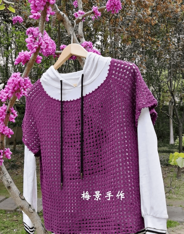 简约钩针方格短袖衣