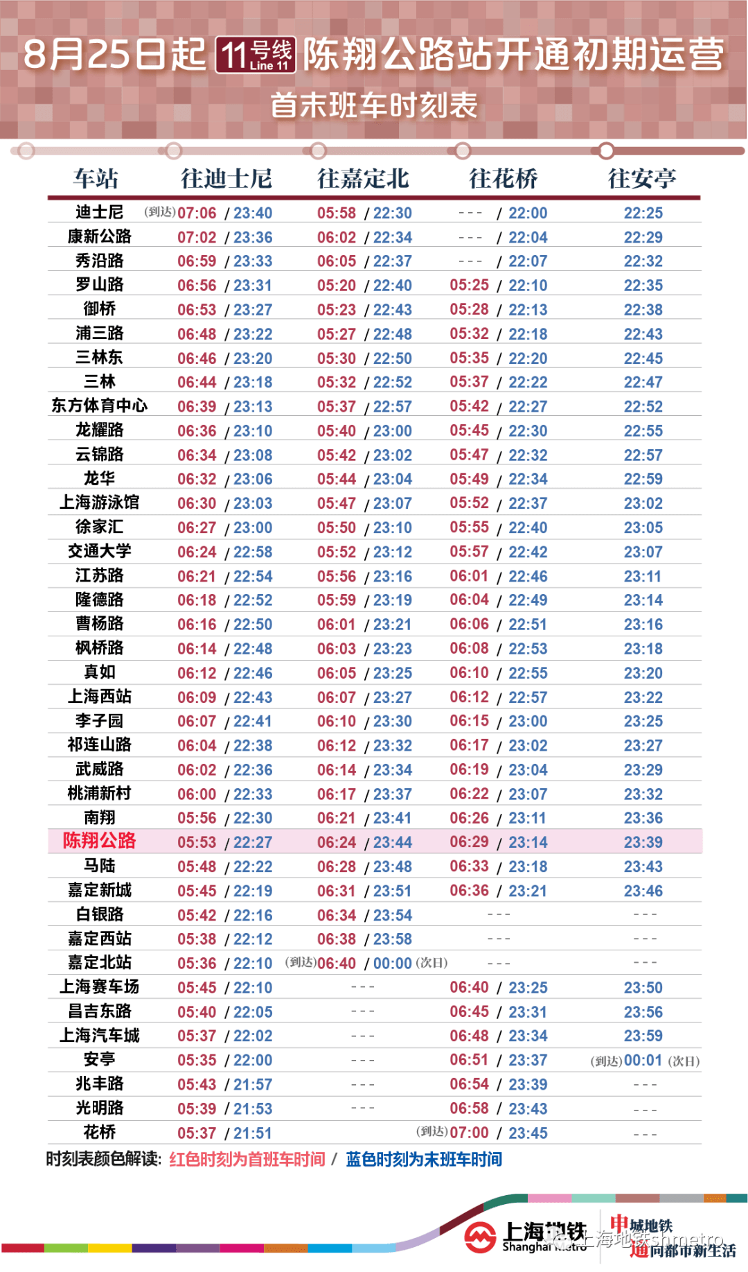 8月25日起,11號線陳翔公路站載客試運營,該站往迪士尼站首班車時間5