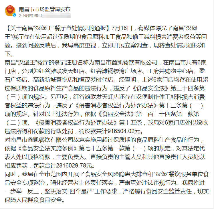 3·15曝光的南昌汉堡王,处罚结果来了!