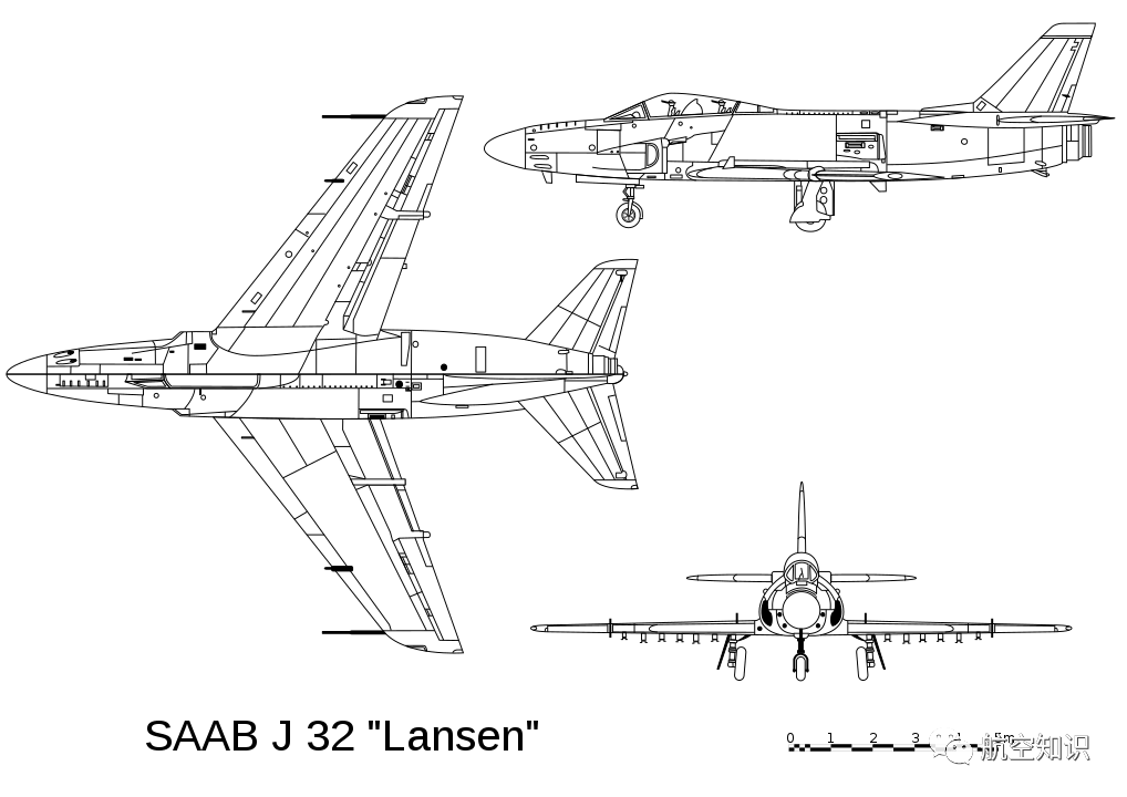 萨博 32 矛战斗机三视图