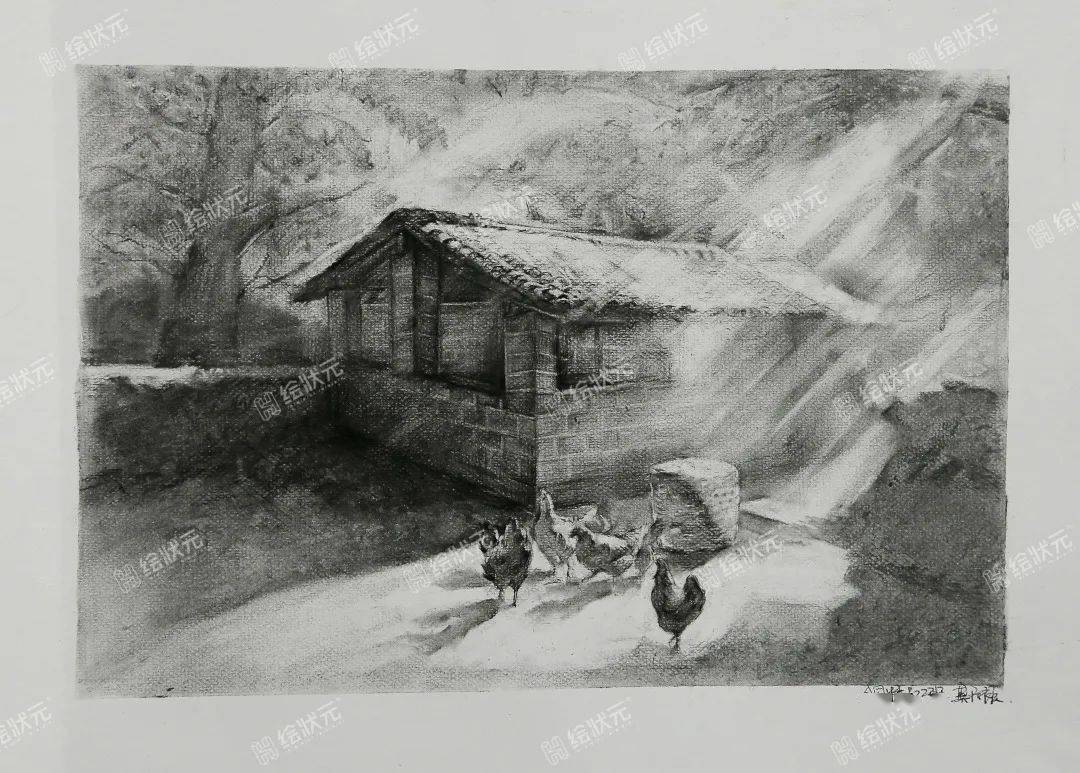 屏山写生优秀速写作品白墙黑瓦炊烟和你