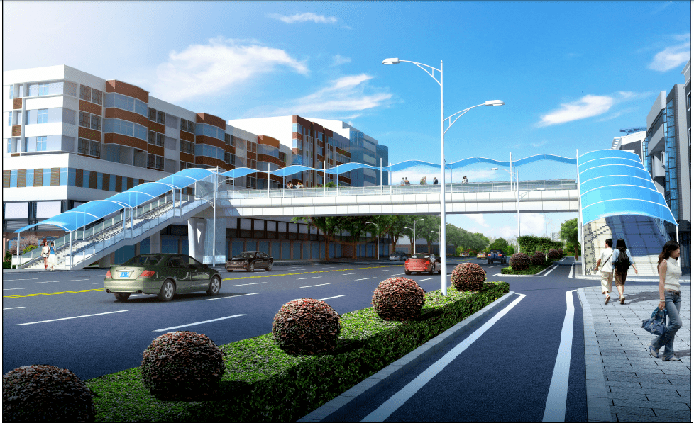 天桥效果图设计方案上,泰林酒店天桥也采用c 形双梯道布置,南北两端梯