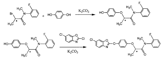 2-(4-羟基苯氧基)丙酰胺,然后与2,6-二氯苯并噁唑反应合成噁唑酰草胺