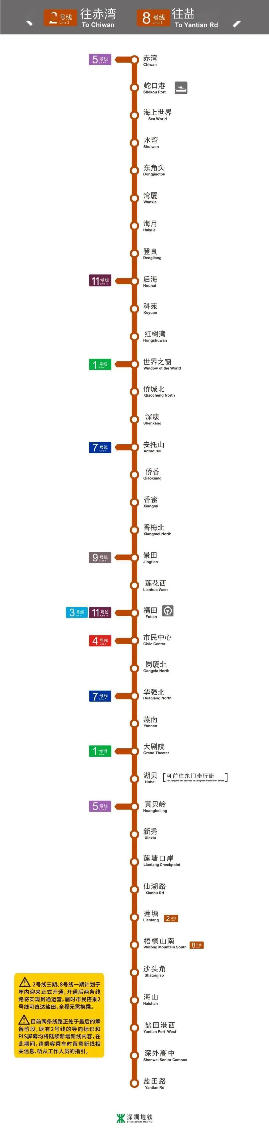 周知地铁2号线和8号线将贯通运营市民乘地铁可从蛇口直达盐田