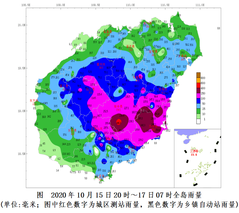 過程風雨實況統計:15日20時～17日07時,強降水中心主要出現在海南島的